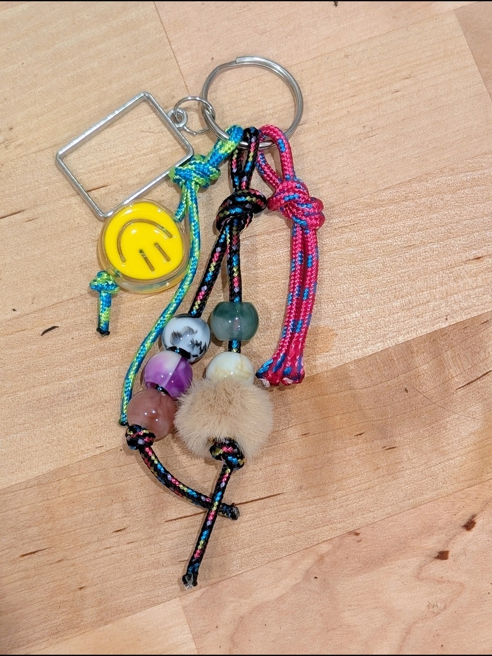 Paracord Keychain Pom Pom Smile Face Bead Colorful